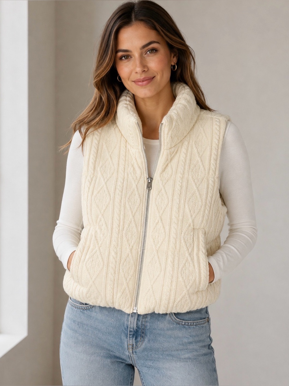 Hollister Sweater-Knit Mini Puffer Vest Women’s S Cream Cable Knit Zip
